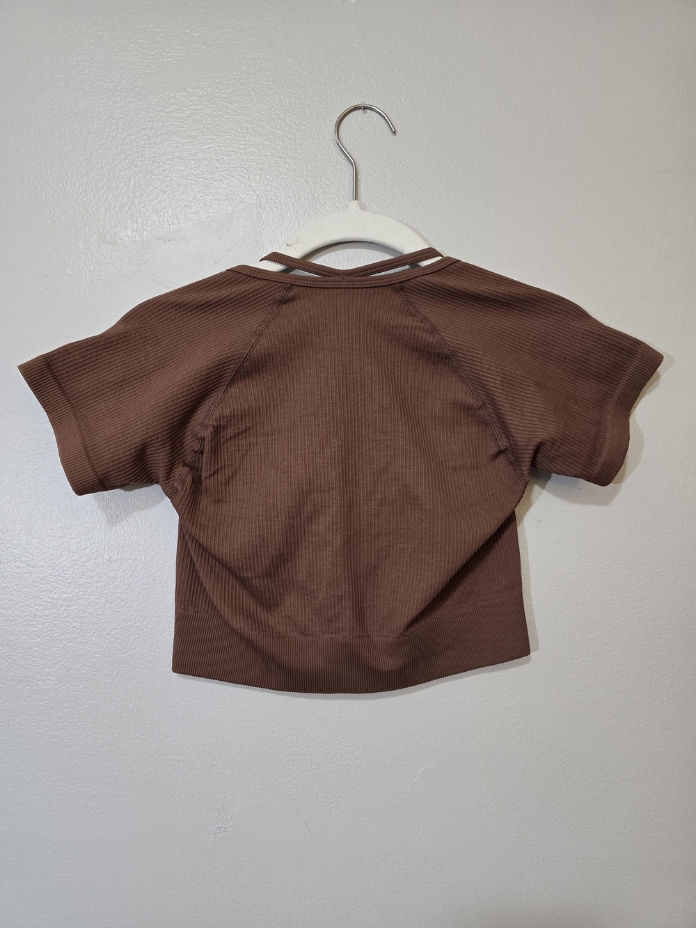 OQQ Brown Ribbed Short Sleeve Double-Strap Crop Top - Picture 3 of 4